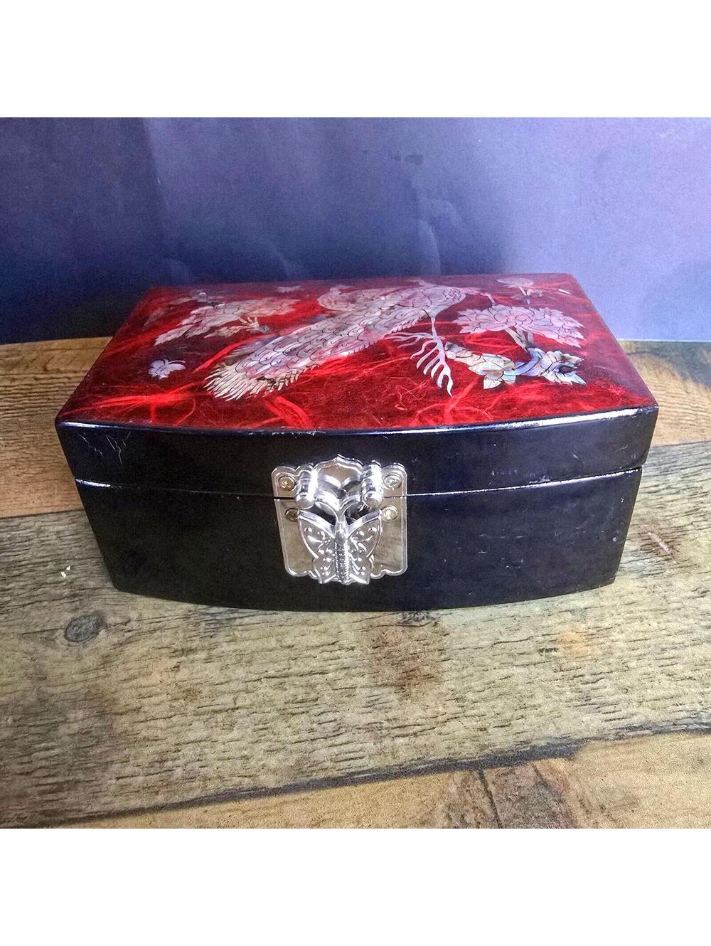 Lacquerware Jewelry Trinket Box Mother of Pearl Peacock Inlay Velvet Lined